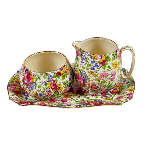 Royal Winton Grimwades Summertime Floral Chintz Creamer & Sugar Bowl Tray Round